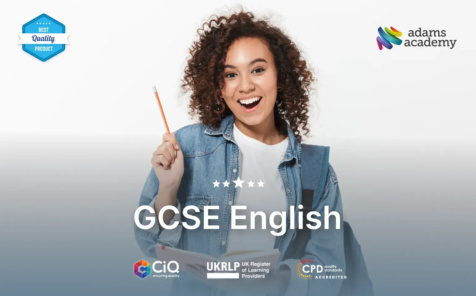 GCSE English - A girl with a pencil and book in hand - 5 star rating - accreditation logos