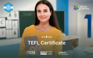 TEFL preparation - English teacher with books - 5 star review - accreditation logos