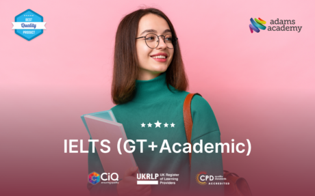 IELTS Test Preparation - Girl with specs and books - 5 star rating - accreditation logos